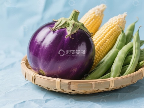 篮中紫茄玉米与四季豆