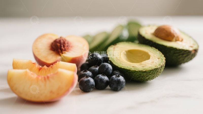 高清大图下载【趣麦麦图】新鲜水果组合：桃子、蓝莓与牛油果