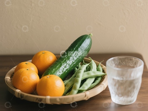 新鲜水果蔬菜与清水的静物组合
