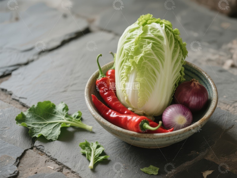 高清大图下载【趣麦麦图】新鲜蔬菜组合：白菜、红椒与洋葱