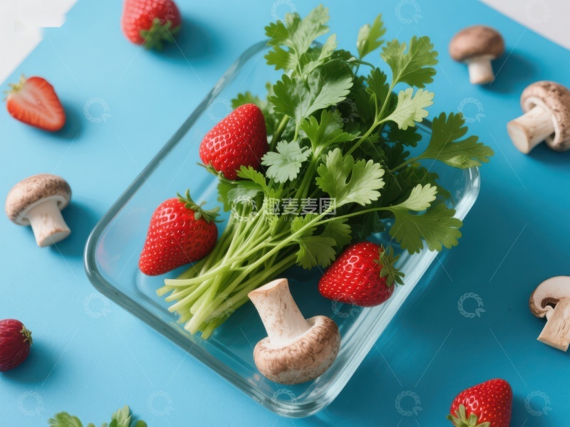 高清大图下载【趣麦麦图】草莓蘑菇与香菜的清新组合