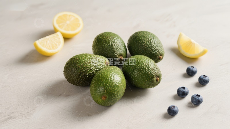 高清大图下载【趣麦麦图】新鲜牛油果、蓝莓与柠檬片的组合