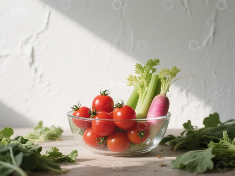 高清大图下载【趣麦麦图】新鲜蔬菜盛于玻璃碗中