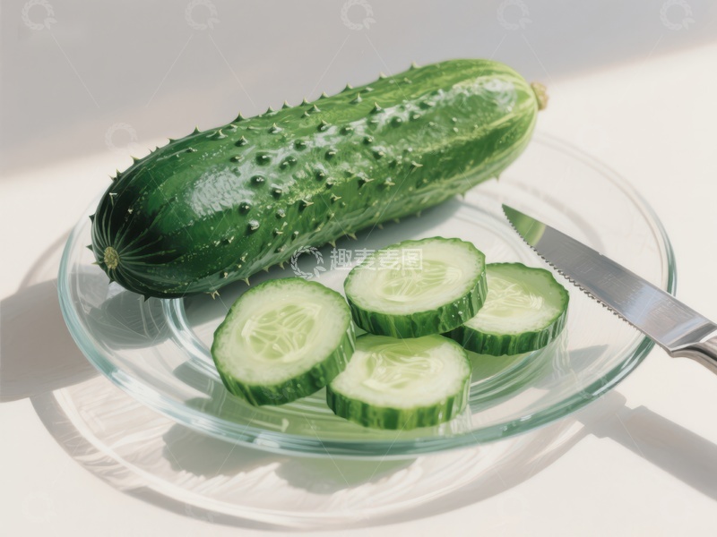 高清大图下载【趣麦麦图】新鲜黄瓜切片与刀具
