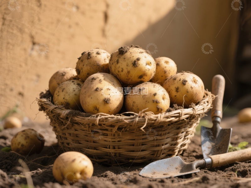 高清大图下载【趣麦麦图】篮子里的新鲜土豆与园艺工具