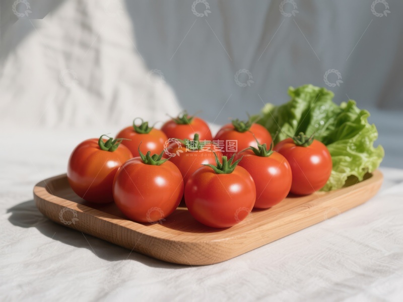 高清大图下载【趣麦麦图】新鲜樱桃番茄与生菜置于木盘