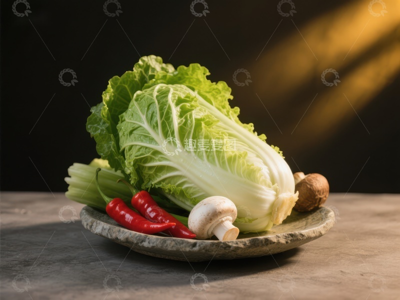 高清大图下载【趣麦麦图】新鲜蔬菜组合：白菜、蘑菇与红椒