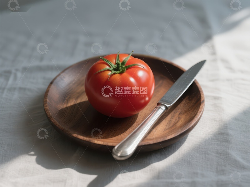 高清大图下载【趣麦麦图】木盘上的新鲜番茄与刀具