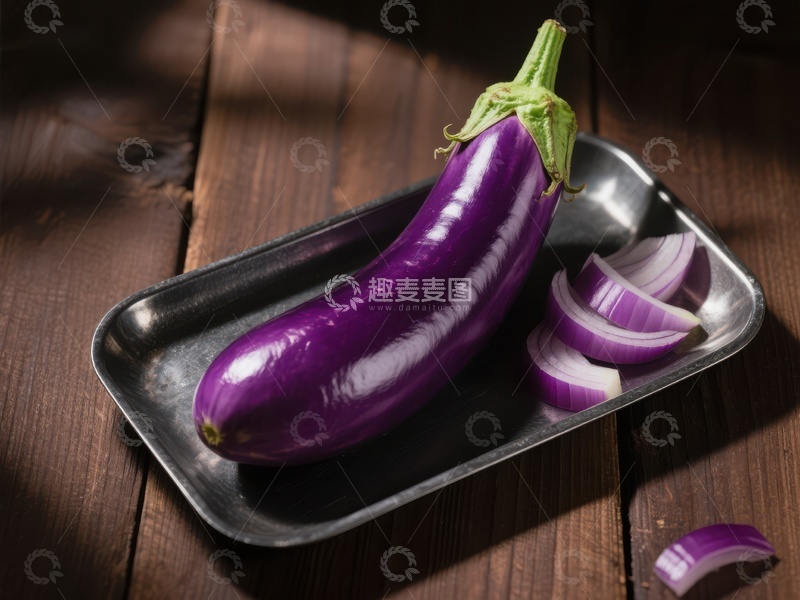 高清大图下载【趣麦麦图】紫色茄子与洋葱片置于金属盘中