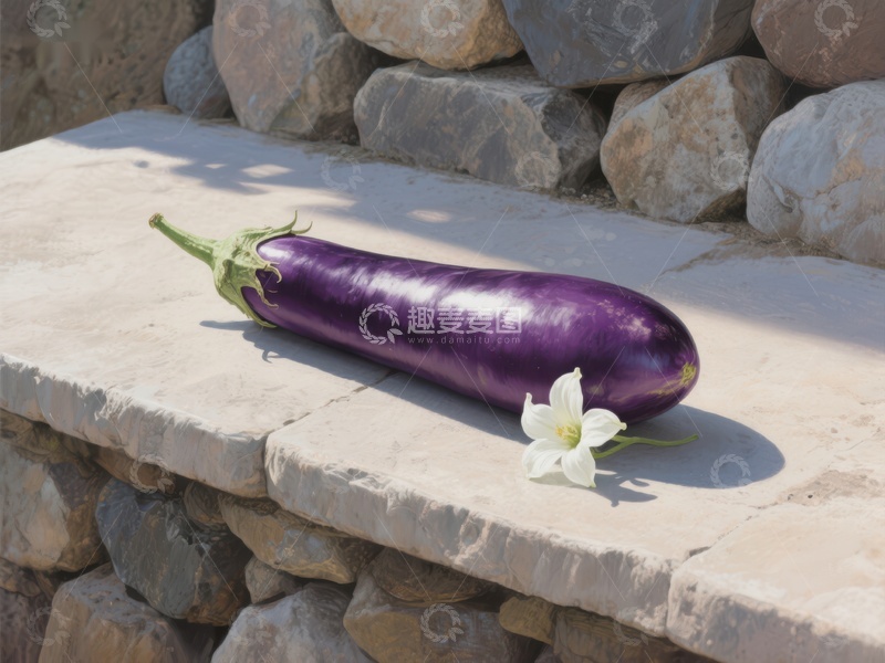 高清大图下载【趣麦麦图】紫色茄子与白花静置石台