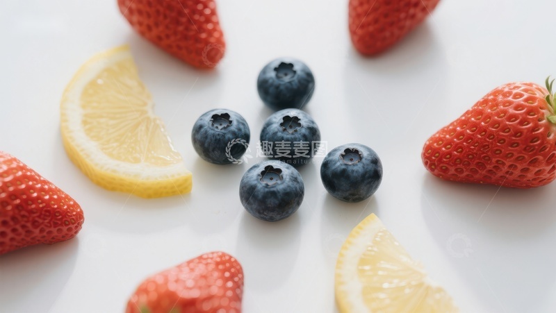 高清大图下载【趣麦麦图】新鲜水果组合：草莓、蓝莓与柠檬