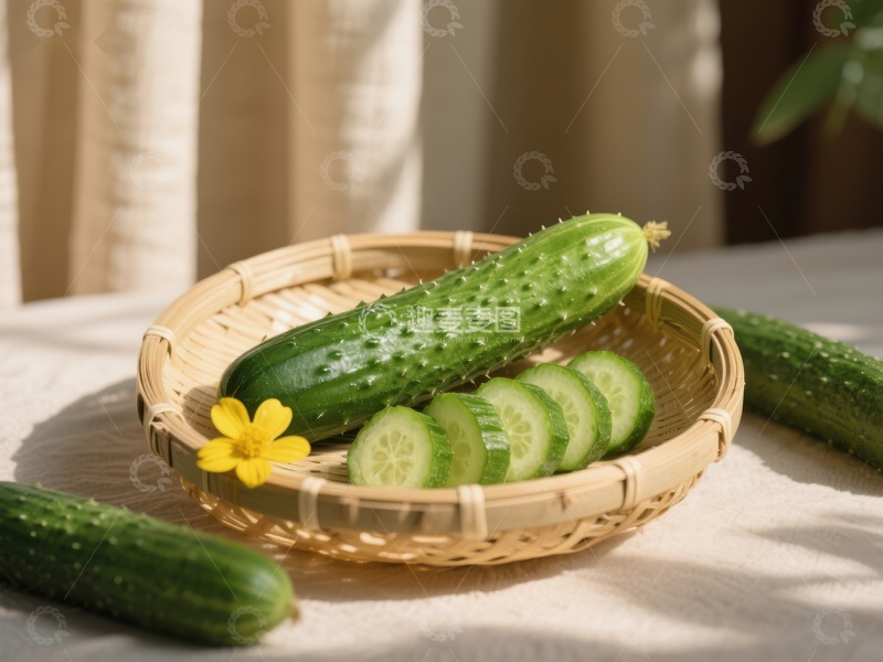 高清大图下载【趣麦麦图】竹篮中的黄瓜与切片