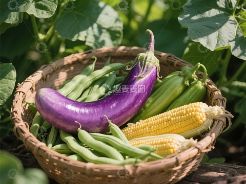 篮子里的紫色茄子、玉米和豆角