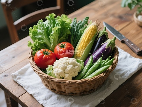 新鲜蔬菜篮子静物图