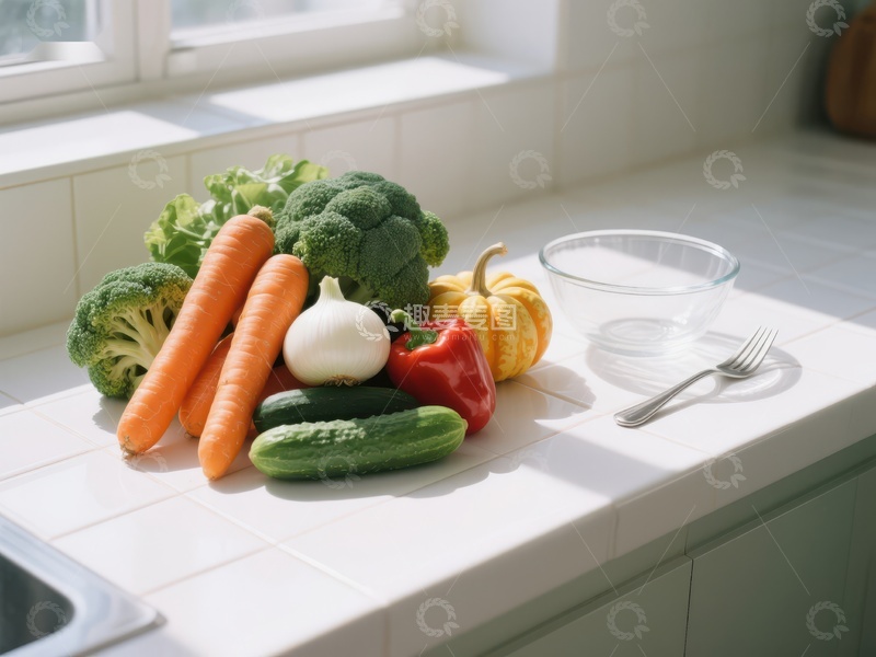 高清大图下载【趣麦麦图】新鲜蔬菜摆放厨房台面