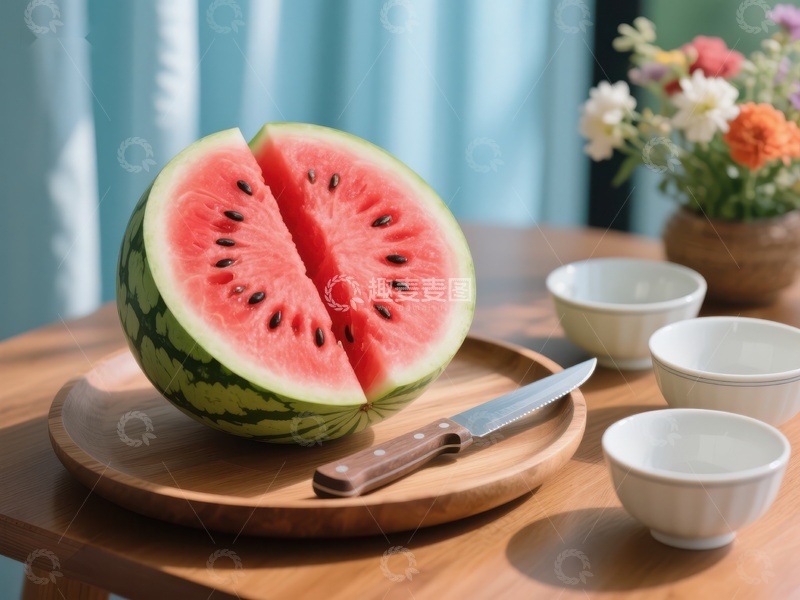 高清大图下载【趣麦麦图】切开的西瓜与茶杯静物图