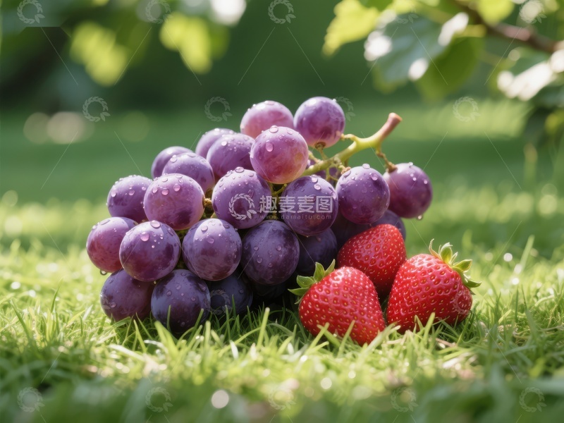 高清大图下载【趣麦麦图】新鲜葡萄与草莓置于绿草之上