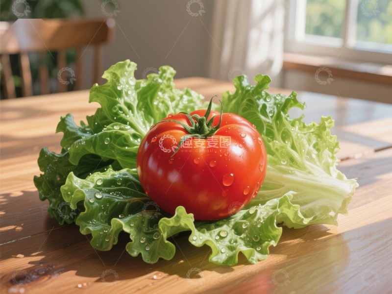 高清大图下载【趣麦麦图】新鲜番茄置于生菜之上