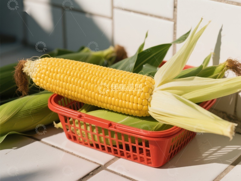 高清大图下载【趣麦麦图】新鲜玉米置于红色篮中