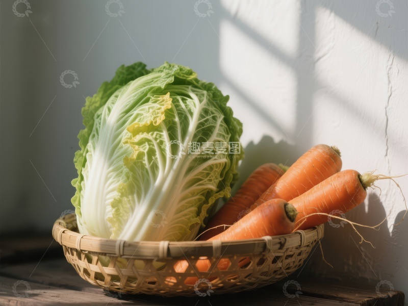 高清大图下载【趣麦麦图】新鲜蔬菜篮：白菜与胡萝卜