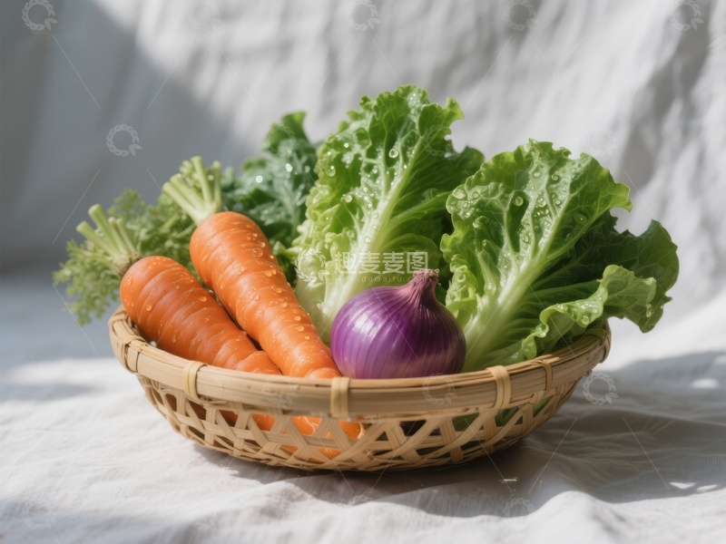 高清大图下载【趣麦麦图】新鲜蔬菜篮：胡萝卜、生菜与洋葱