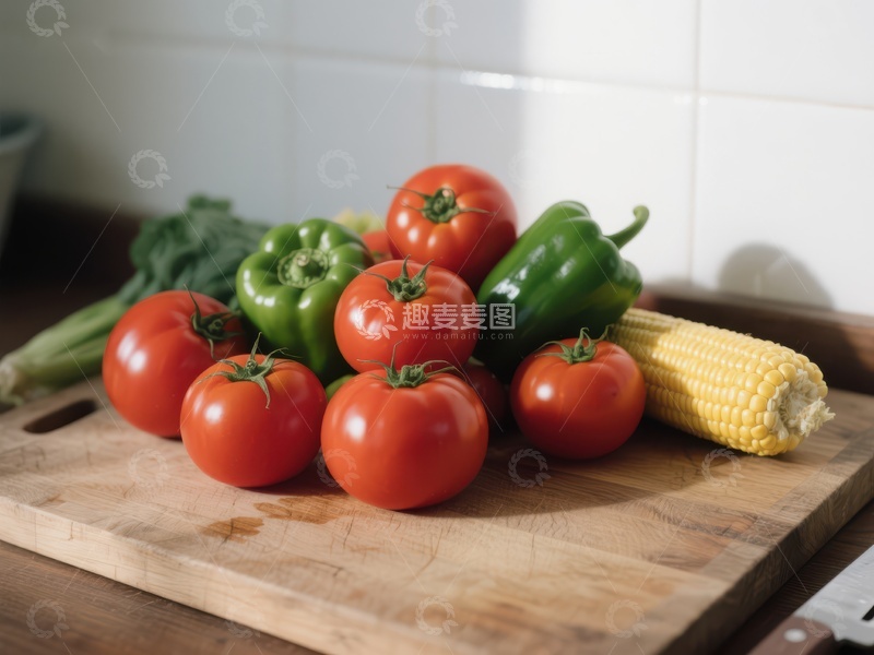 高清大图下载【趣麦麦图】新鲜蔬菜摆放在木质砧板上