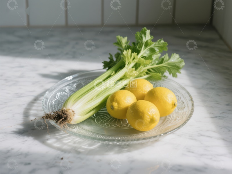 高清大图下载【趣麦麦图】柠檬与芹菜置于玻璃盘中