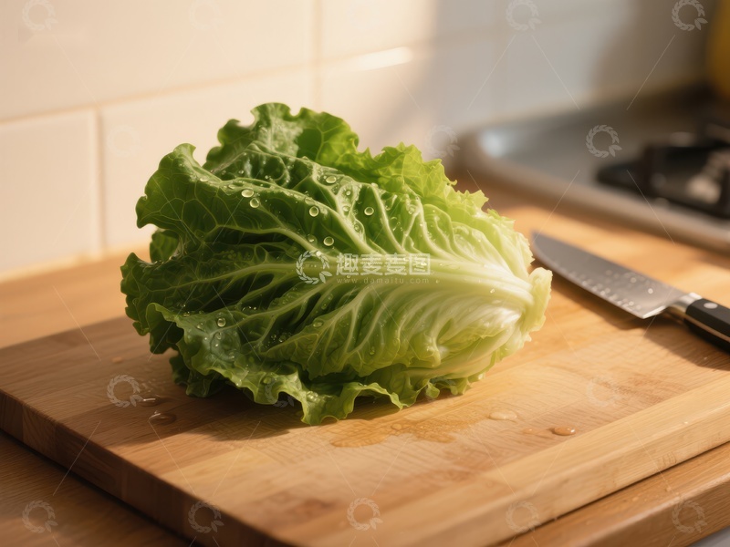 高清大图下载【趣麦麦图】新鲜生菜置于木质砧板上