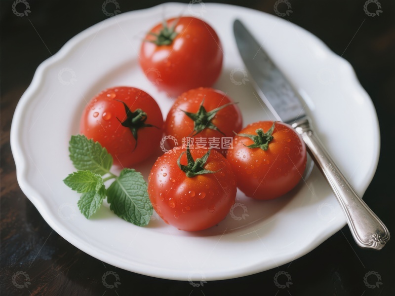 高清大图下载【趣麦麦图】新鲜番茄与薄荷叶置于白盘