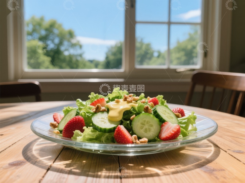 高清大图下载【趣麦麦图】清新水果蔬菜沙拉，阳光窗边享用