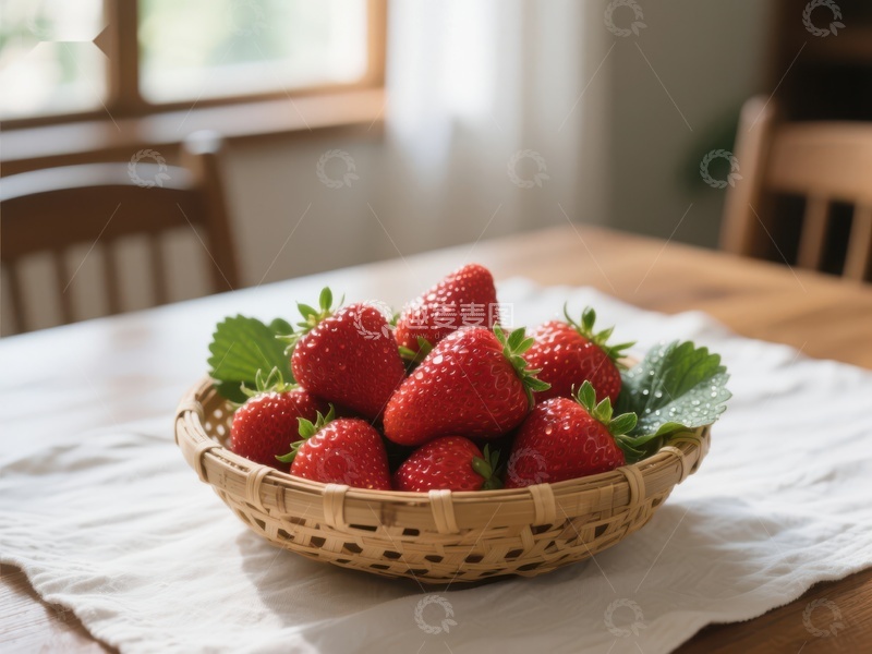 高清大图下载【趣麦麦图】新鲜草莓置于竹篮中