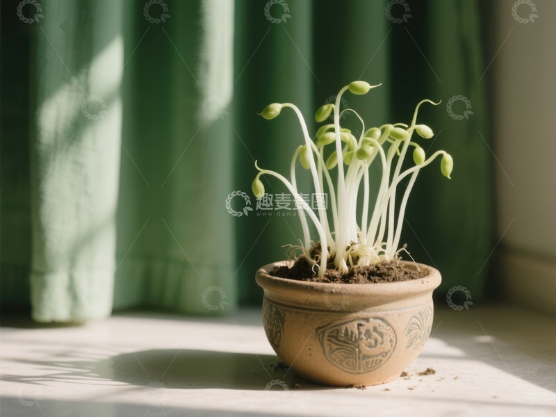 高清大图下载【趣麦麦图】窗边盆栽幼苗生机勃勃