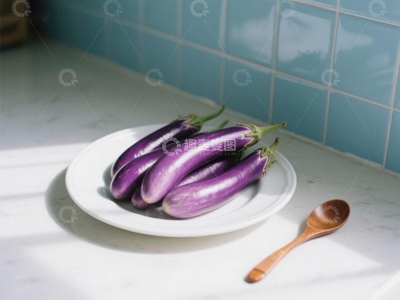 高清大图下载【趣麦麦图】盘中紫色茄子与木质勺子
