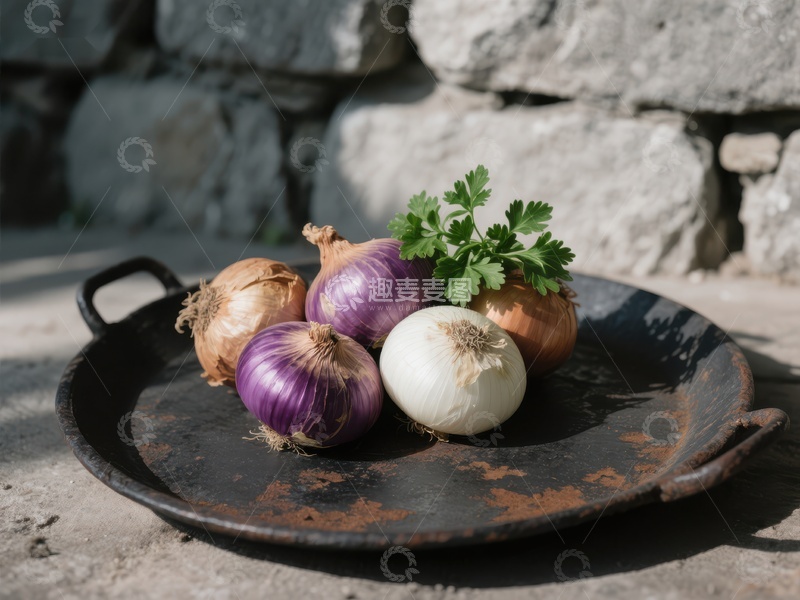 高清大图下载【趣麦麦图】盘中洋葱与香草的静物组合