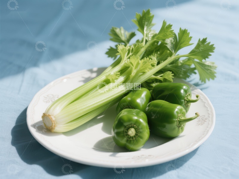 高清大图下载【趣麦麦图】新鲜芹菜与青椒盘中摆放