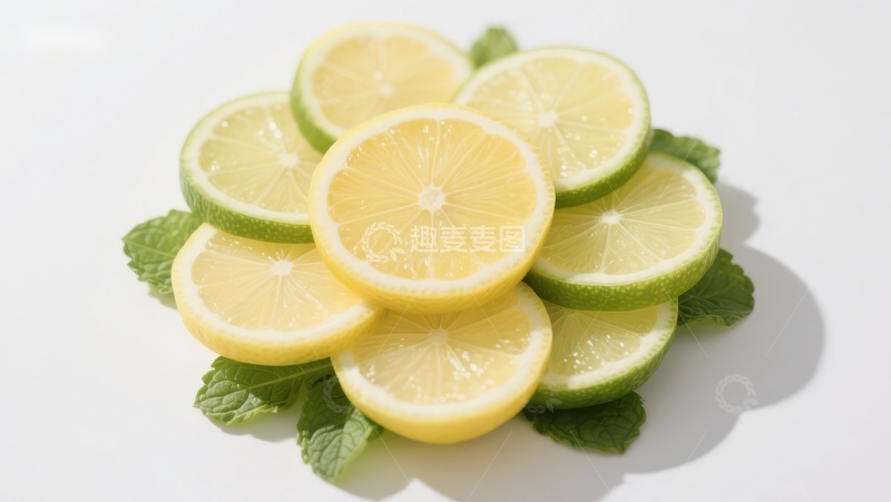 高清大图下载【趣麦麦图】新鲜柠檬切片与薄荷叶