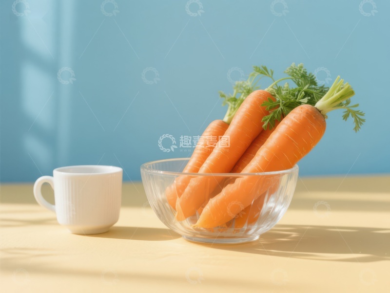 高清大图下载【趣麦麦图】玻璃碗中的胡萝卜与白色杯子