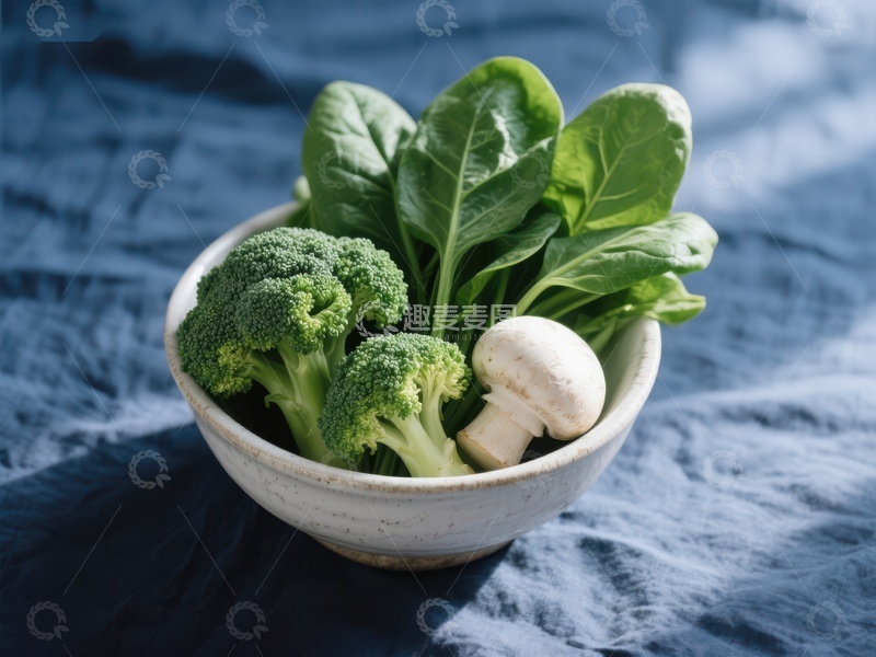 高清大图下载【趣麦麦图】新鲜蔬菜组合：西兰花、蘑菇与绿叶