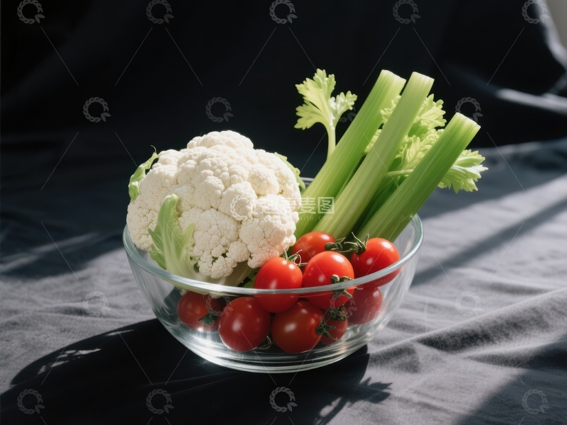 高清大图下载【趣麦麦图】新鲜蔬菜组合：花椰菜、芹菜与樱桃番茄