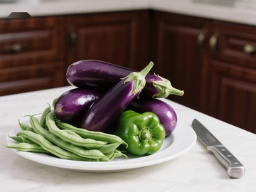 新鲜茄子、青椒与四季豆的组合