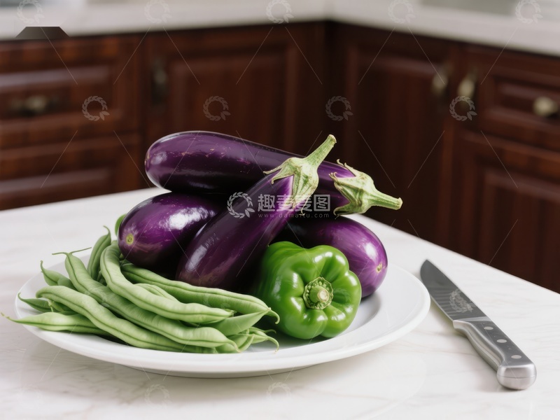 新鲜茄子、青椒与四季豆的组合