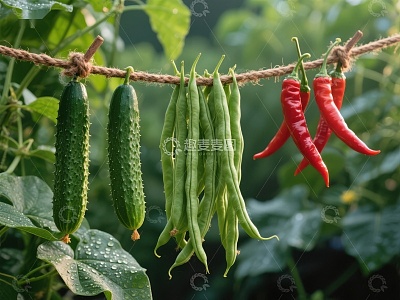 悬挂的黄瓜、豆角与辣椒