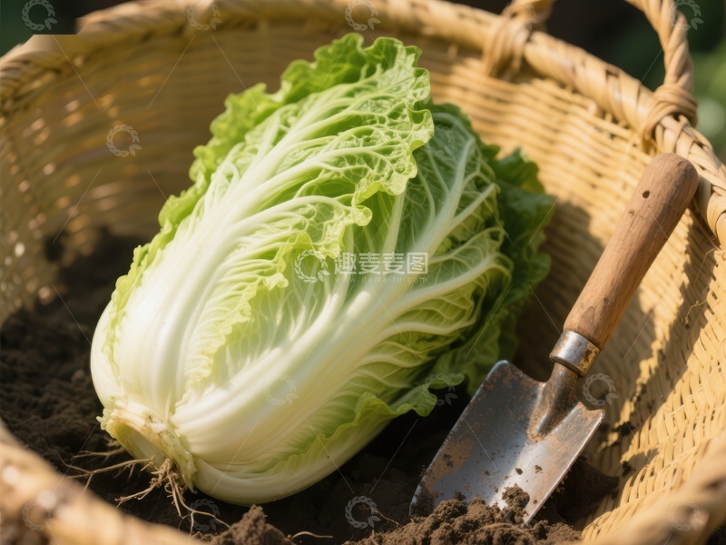 高清大图下载【趣麦麦图】新鲜白菜置于篮中，旁有小铲