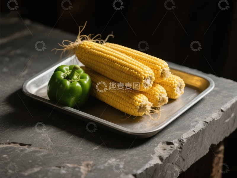 高清大图下载【趣麦麦图】新鲜玉米与青椒置于金属盘中