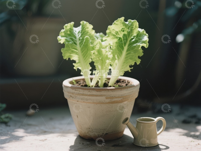 高清大图下载【趣麦麦图】盆栽生菜与小水壶