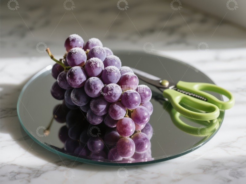 高清大图下载【趣麦麦图】葡萄与剪刀置于玻璃盘上