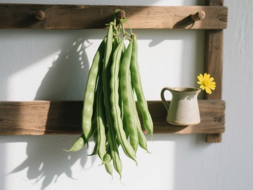 悬挂的绿色豆荚与木架