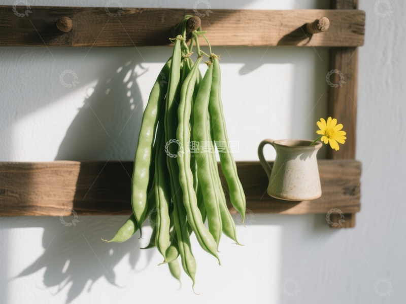 高清大图下载【趣麦麦图】悬挂的绿色豆荚与木架