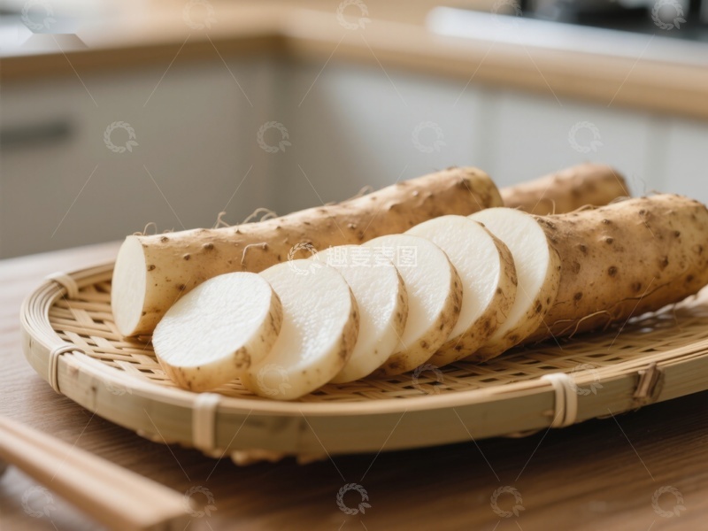 高清大图下载【趣麦麦图】新鲜山药切片置于竹篮