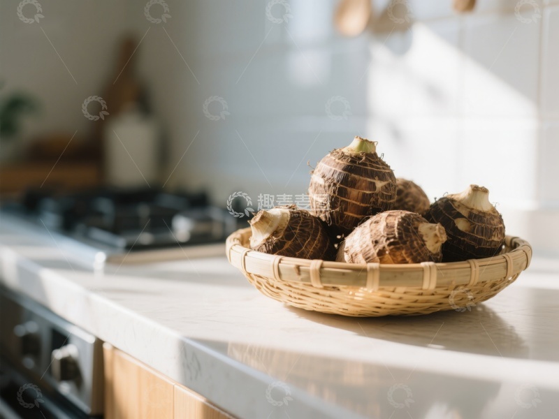 高清大图下载【趣麦麦图】厨房台面上的竹篮芋头